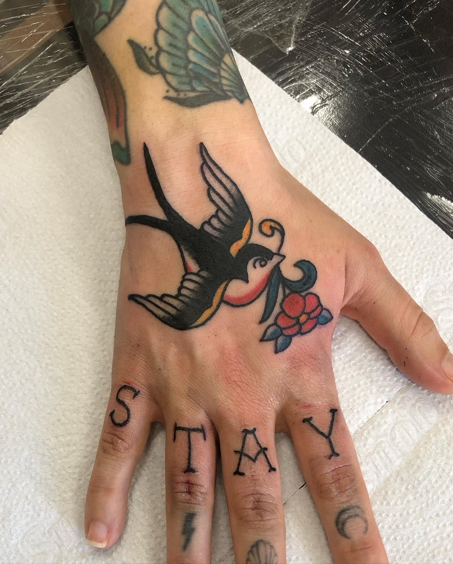 Tatuagem tradicional colorida braço Helena Cinirla